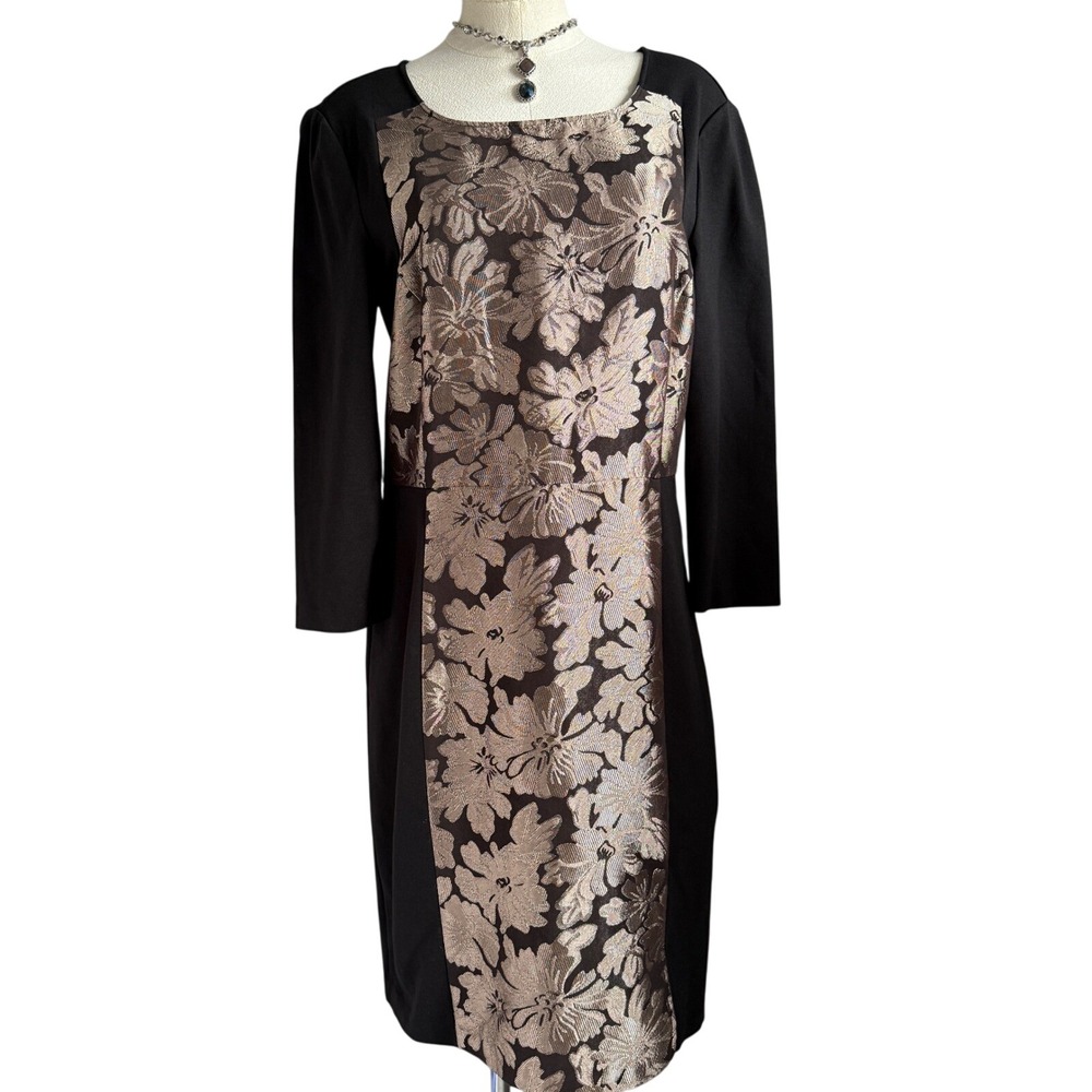 DKNYC Dress Womens 12 Black Floral jacquard half sleeve Sheath Career holidays